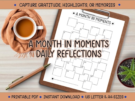 Printable Daily Reflection Journal: A Month in Moments | Memory Keeper | Gratitude Log | Bullet Journal | US Letter + A4 Printable PDF