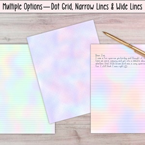 May include: Three different paper designs with a rainbow ombre effect. The designs include lined paper, dot grid paper, and wide lined paper. The text "Dear Jee I saw a fox sparrow yesterday and thought of that time we were camping and get into a debate about whether that little brown bird was a song sparrow or a fox I still think I was right" is written on the wide lined paper.