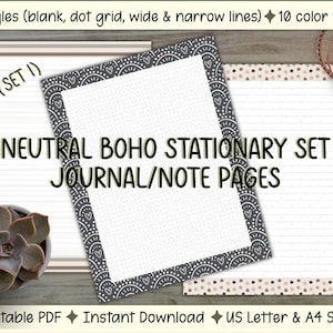 Paquete de notas de papelería con borde bohemio natural, tamaño carta y A4, PDF imprimible, descarga digital, en blanco, cuadrícula de puntos y 2 anchos de línea.