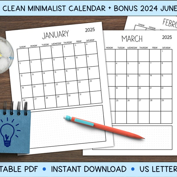 2025 Minimalist Monthly Calendar Planner + Jun-Dec 2024,  Printable PDF, US Letter & A4, Modern Bullet Journal, Goodnotes, Digital Download