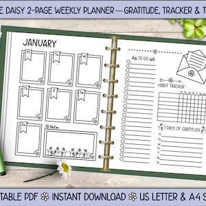 Planificador semanal de margaritas, días de gratitud, tareas, seguimiento de hábitos, bullet journal, TDAH, descarga instantánea imprimible, tamaños carta (EE. UU.) y A4.
