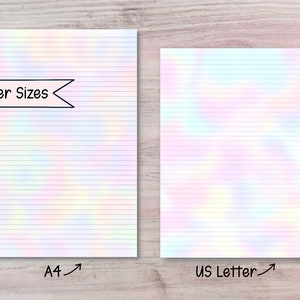 May include: Two lined paper templates, one in A4 size and one in US Letter size. Both templates feature a holographic iridescent background with a subtle rainbow effect.