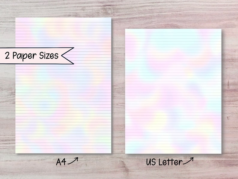 May include: Two lined paper templates, one in A4 size and one in US Letter size. Both templates feature a holographic iridescent background with a subtle rainbow effect.