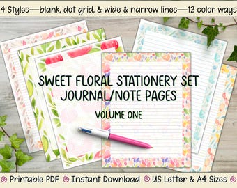 Watercolor Floral Stationery Set: Journal Notes, Lined, Blank, Dot Grid — A4 + US Letter —(Printable PDF)