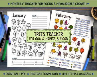 Mood Tracker Printable | Monthly Habit and Goal Tracker PDF | Mental Health Journal | Tree Doodle Planner | US Letter & A4 Digital Download