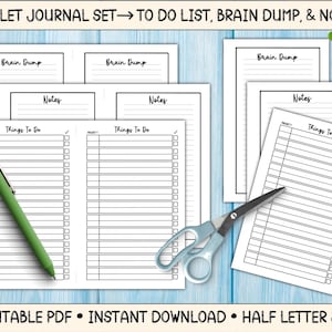 Może przedstawiać: Drukowany zestaw bullet journal z stronami do tworzenia list rzeczy do zrobienia, notatek i „wyładowania mózgu”. Strony są liniowane i mają pola wyboru. Zestaw jest wydrukowany na białym papierze i ma rozmiar pół listu.