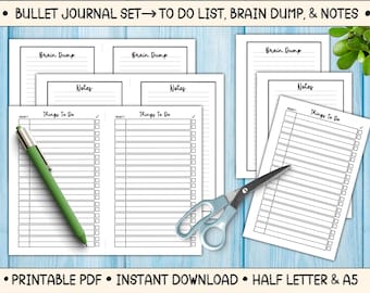 May include: Printable bullet journal set with pages for to-do lists, brain dumps, and notes. The pages are lined and have checkboxes. The set is printed on white paper and is half letter size.