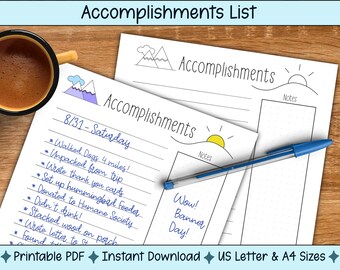 May include: Printable PDF checklist for tracking daily accomplishments. The checklist features a mountain and sun graphic, a notes section, and a space to write the date and day of the week. The text "Accomplishments List" is at the top of the page.