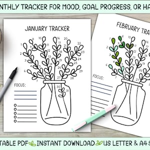 Seguimiento mensual de estado de ánimo, objetivos y hábitos, ramas frondosas, descarga instantánea en PDF imprimible, bullet journal, crecimiento personal, tamaño carta (EE. UU.) y A4