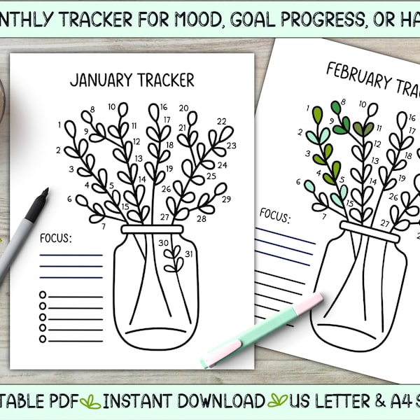 Monthly Mood, Goal, & Habit Tracker, Leafy Branches, Instant Download PDF Printable, Bullet Journal, Personal Growth, US Letter Size and A4