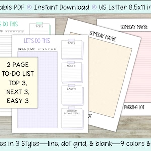Lista de tareas, Planificador de estacionamiento, Volcado de ideas, PDF imprimible de 2 páginas, Descarga instantánea, Tamaño carta (8.5 x 11 pulgadas), 3 prioridades principales, TDAH, Bullet Journal