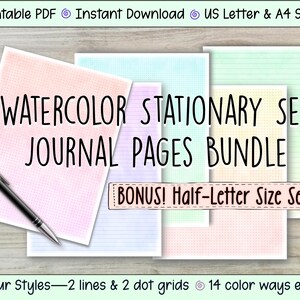 May include: A watercolor stationary set journal pages bundle with the text "WATERCOLOR STATIONARY SET JOURNAL PAGES BUNDLE". The set includes four styles, two lines and two dot grids, in 14 color ways. A black pen rests on the pages.