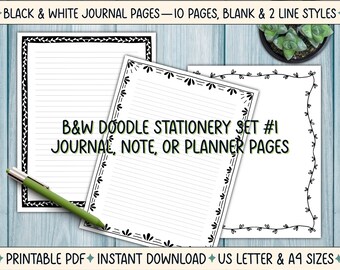 Doodle Journal Pages: Black & White Stationery Set (Printable PDF)