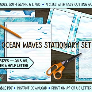 Set de papelería "Tranquil Ocean Waves", paquete de notas de diario, rayado y negro, 9 páginas, tamaño carta, media carta, A4, A5, PDF imprimible, descarga digital
