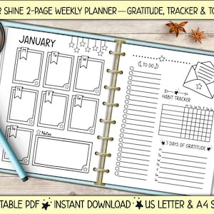Planificador semanal estrella, Días de gratitud, Tareas pendientes, Seguimiento de hábitos, Bullet Journal, Bujo TDAH, Descarga instantánea imprimible, Tamaños carta (EE. UU.) y A4