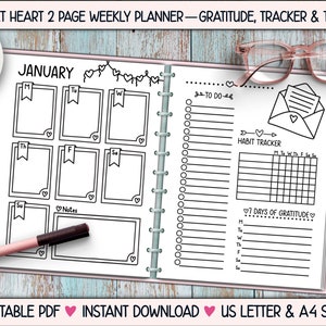 Planificador semanal "Dulce Corazón", Días de Gratitud, Tareas, Seguimiento de Hábitos, Bullet Journal, TDAH, Descarga Imprimible Instantánea, Tamaños Carta y A4