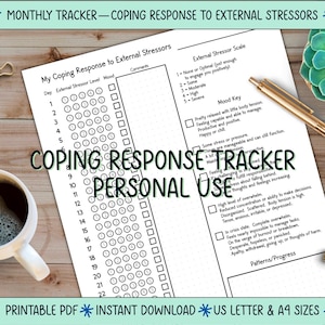 以下が含まれることがあります： 「Coping Response Tracker Personal Use」のテキストが入った、印刷可能なコーピングレスポンス追跡ツール。外部ストレスレベル、気分、コメントを追跡するためのセクションが含まれています。ペン、コーヒーカップ、ゴールドのバインダークリップも表示されています。