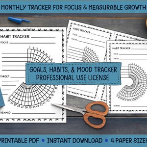 May include: A collection of printable habit trackers with the text "GOALS, HABITS, & MOOD TRACKER PROFESSIONAL USE LICENSE". The trackers are black and white, with spaces for focus, target, and reward. A compass, scissors, and pen are also visible.