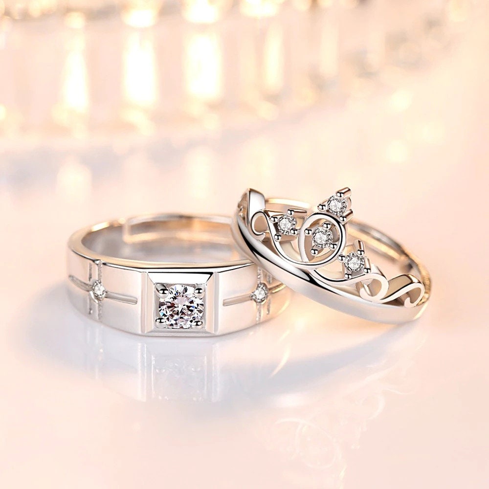 Silver Couple King and Queen Promise Ring Set Adjustable Etsy