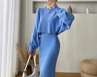 Moen Fall Outfits | Jersey Turtleneck Crop Top Sweater Skirt Outfit 2-Piece Set XL / Skyblue