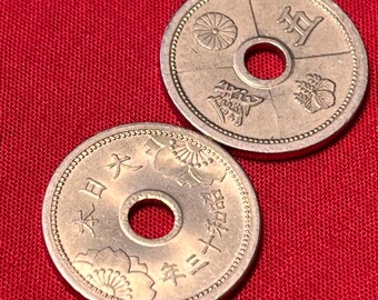 One Japanese WWII Era (1938-1940) Holed 5 Sen Coin Featuring
