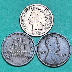 Trío de centavos de EE. UU. de 1909 en tarjeta de moneda (ver imágenes): cabeza de indio, VDB, Wheatie.