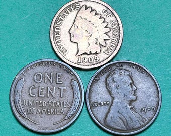 U.S. 1909 Cent Trio in Coin Card (See Images)—Indian Head, VDB, Wheatie!
