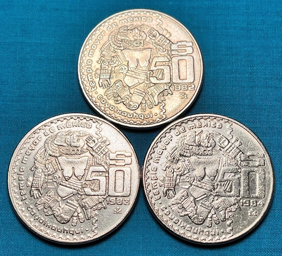 AZTEC Moon Goddess Commemorative Mexican 50 Pesos Coin Trio