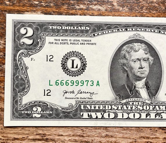 69 スペシャル！超レアなシリアルナンバー入り 2 ドル紙幣 (666 999