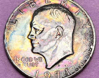 GORGEOUS, Polychromatic Naturally Toning! FIRST Year (1971) Issue Eisenhower Large U.S. Dollar Clad Coin—One-of-a-Kind!