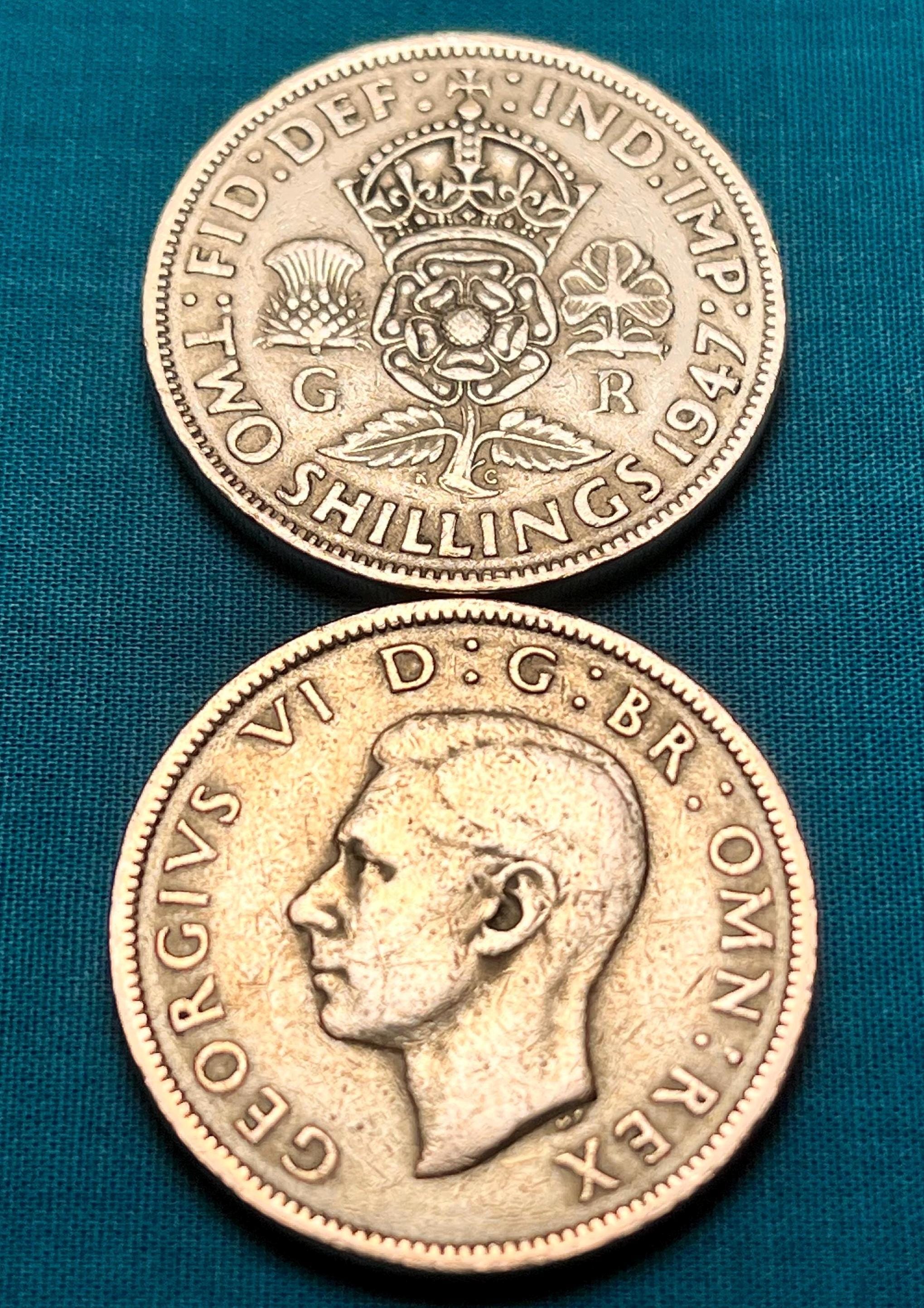 ONE British Two Shilling Coin Featuring Tudor Rose Themed Coat of Arms and King George VI—Various Years/Free Shipping!