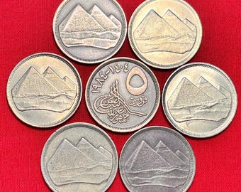 One SINGLE Year (1984) EGYPTIAN Pyramids 5 Piastres Coin—Circulated Grades/Various Styles/Low Mintage/FREE Shipping!
