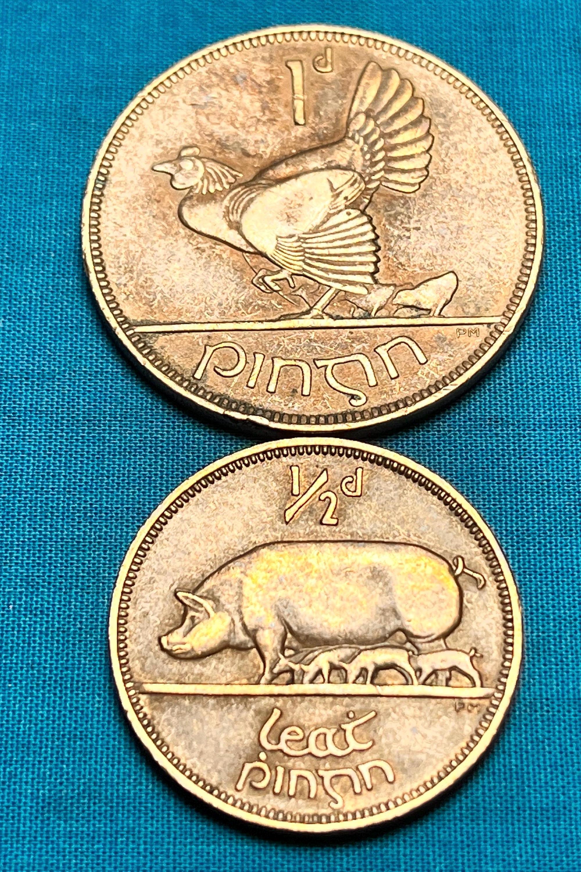 IRISH 1928 RARE Coin Duo—mother Hen & Sow With Piglets (see Images