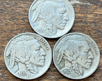 High Grade Indian Head “Buffalo” Nickel Crisply Dated Trio (1935-1937) w/ Illustrated Information) and Optional Add-On—shipping included!