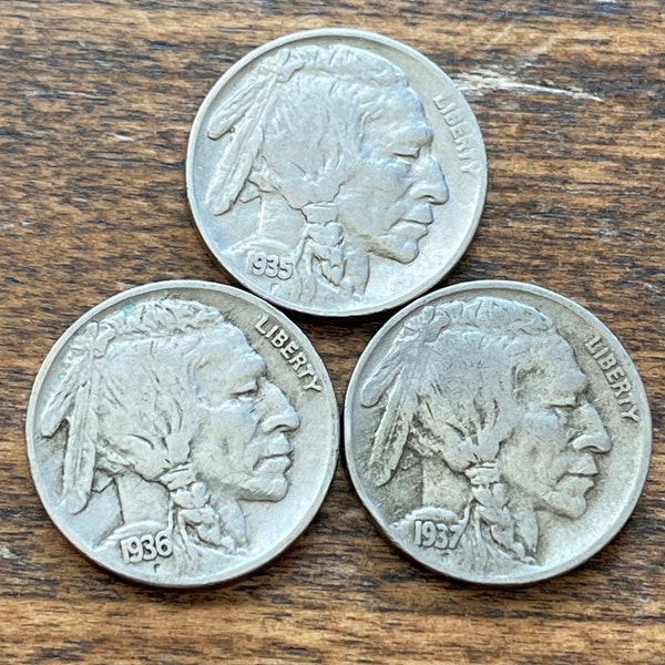 High Grade Indian Head “Buffalo” Nickel Crisply Dated Trio (1935-1937) w/ Illustrated Information) and Optional Add-On—shipping included!