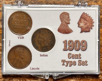 Trío de centavos de EE. UU. de 1909 en estuche: Indian Head, VDB, Wheatie (¡disponibilidad limitada)!