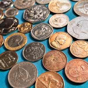 May include: A collection of coins from various countries, including Kenya, Malawi, Uganda, and South Africa. The coins are made of different metals and feature various designs, including animals, people, and national symbols.