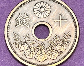 One JAPANESE 1938-1940 Holed 10 Sen Coin Featuring Imperial