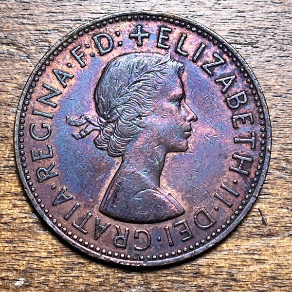 One-of-a-Kind Treasure: Beautifully Violet-Toned 1963 Queen Elizabeth II Large English Bronze Penny (See Images)—Shipping Included!