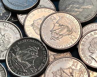 ONE East CARIBBEAN Quarter Featuring English Galleon “Golden Hind” & Queen Elizabeth—Higher Grade/Various Years/FREE Shipping!