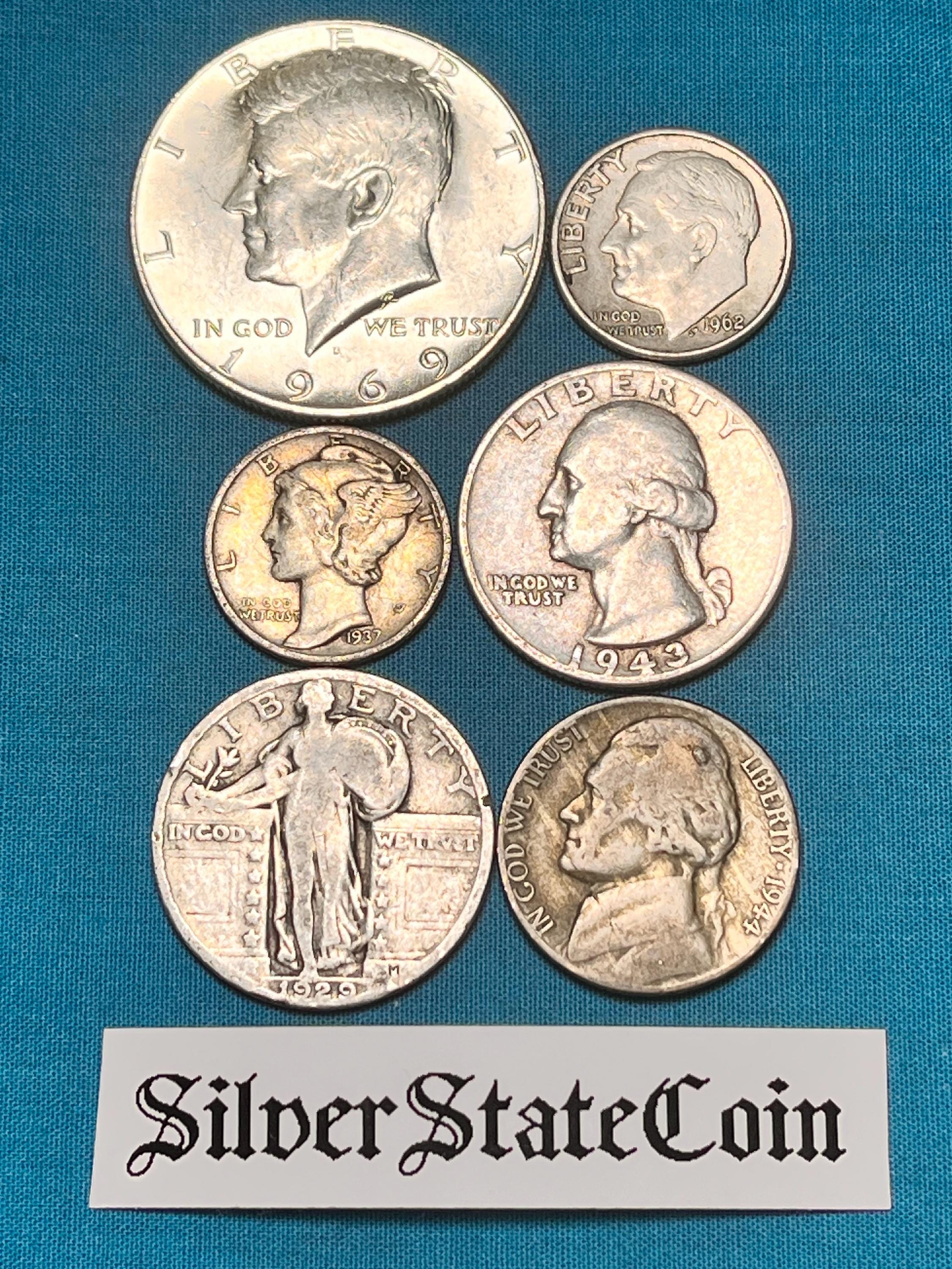 アメリカ、1942～1957年発行の25セント銀貨(銀90％)、5枚 銀貨の