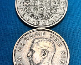 New Zealand 1950 Half Crown Featuring Intricate Coat of Arms & King George VI—LOW Mintage/FREE Shipping!