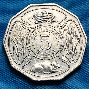 LAST YEAR Issue (1989) Tanzanian Five Shilling 10-Sided Coin Featuring Crops and Livestock —Shipping Included!