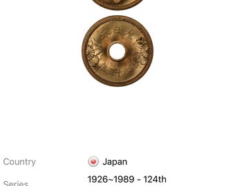 One Japanese WWII Era (1938-1940) Holed 5 Sen Coin Featuring