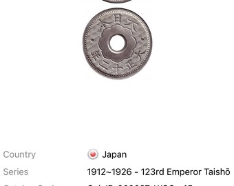 JAPANESE 1920s Holed 10 Sen Coin Featuring Imperial Seal (emperor