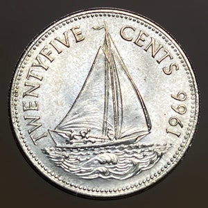 May include: A silver coin with the words "Twenty-Five Cents" and "1966" around the edge. A sailboat with a flag is in the center of the coin.