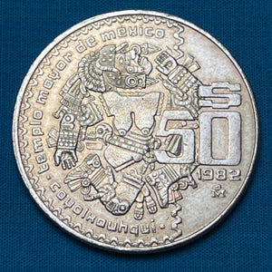 FIRST YEAR (1982) Issue Rare AZTEC Moon Goddess (Coyolxauhqui) Superior Temple Commemorative Vintage Mexican 50 Peso Coin—Shipping Included!