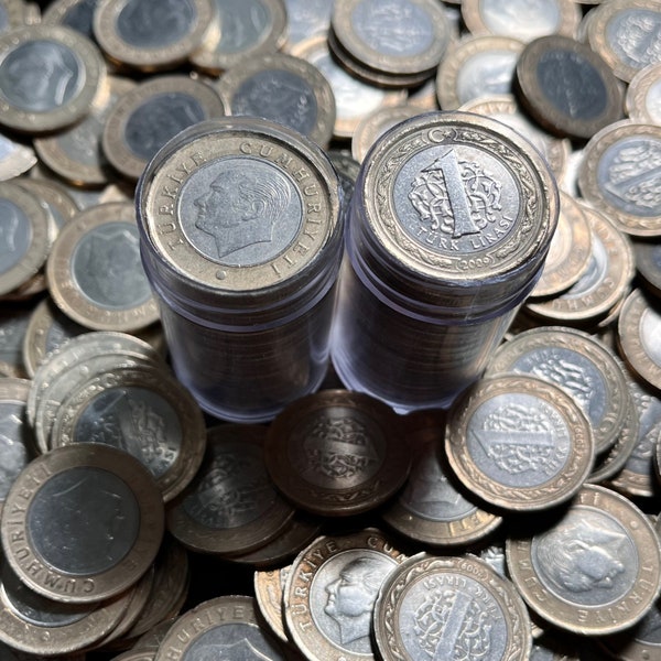 Full Tube (25) Bimetal Vintage Lira Coins from Europe/Middle East (Turkey)—1, 2, or 3 Tubes