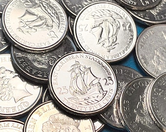 Full Tube (32) East CARIBBEAN Quarters Featuring English Galleon “Golden Hind” & Queen Elizabeth—Higher Grade/Various Years!