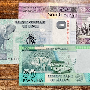K&ouml;nnte beinhalten: Drei verschiedene Papierbanknoten mit Elefanten. Die erste Banknote ist aus der Zentralafrikanischen Republik und ist ein 100-Franc-Schein. Die zweite Banknote ist aus S&uuml;dsudan und ist ein 50-Pfund-Schein. Die dritte Banknote ist aus Malawi und ist ein 50-Kwacha-Schein.